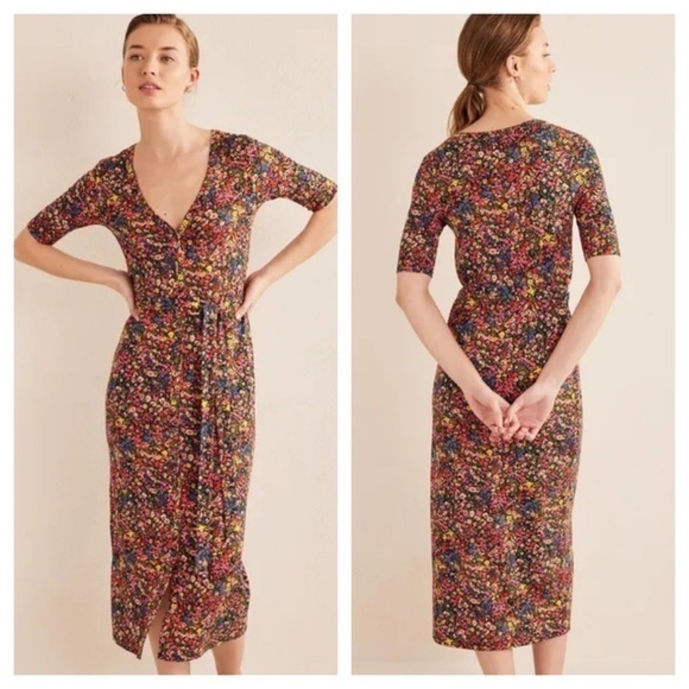 Boden Button Front Jersey Midi Dress in Multi Gardenia Petal Floral 6R USA NEW